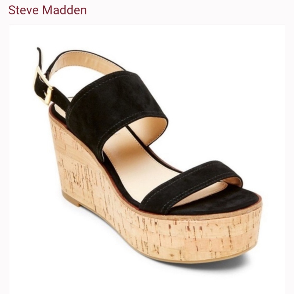 Steve Madden Wedges Caytln Cork Sandals Black Suede